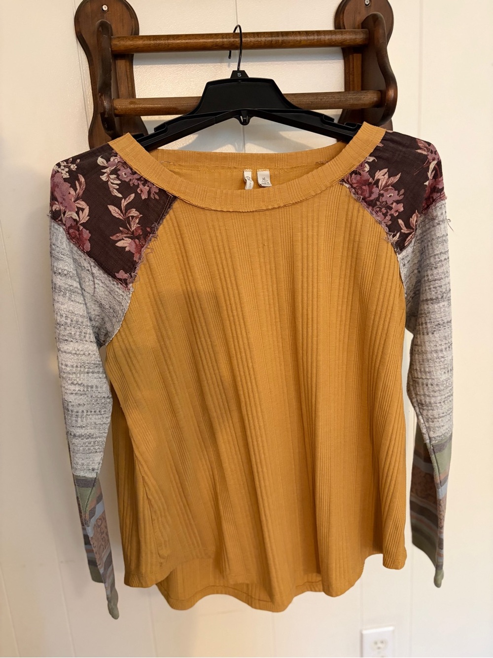 Cato Mustard Ribbed Long-Sleeve Patchwork Tee